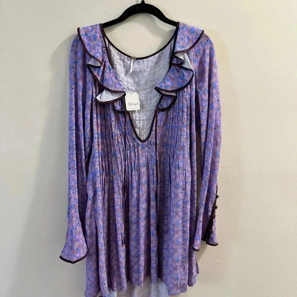 Free People Blossom Baby Mini Dress Floral Printed Ruffle Button Bell sleeve XS - Picture 4 of 9